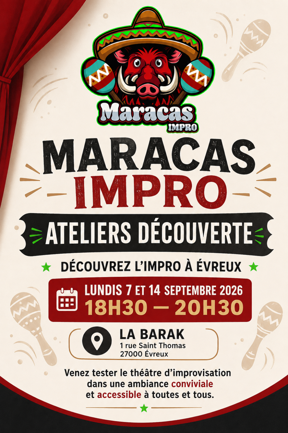 Affiche Maracas Impro pour deux ateliers découverte de théâtre d’improvisation à Évreux, les 7 et 14 septembre 2026.